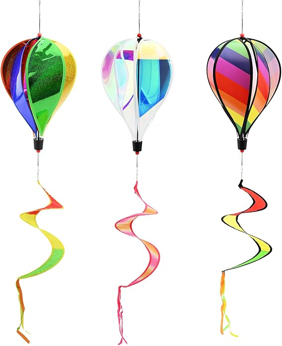 3 Pieces Hot Air Balloon Wind Spinner 27x130cm Colorful Rainbow Windmill Striped Windsock Rotating Sequins Wind Chime Magical Wind Powered Yard Art Decorations for Indoor Outdoor Garden Yard Lawn