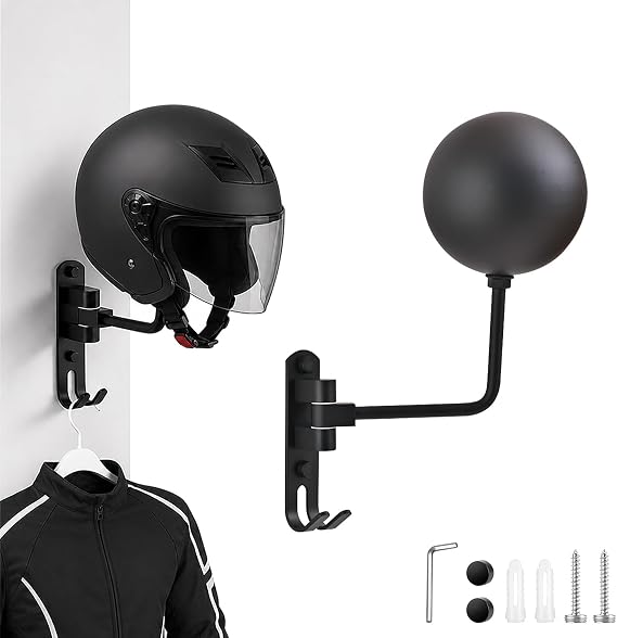 Helmet Hanger Wall Mount, Helmet Holder 180 Rotation Metal material Helmet Rack with Double Hook for Football Helmet, Bicycle Helmet, Hat, Cap, Sportswear, Motorcycle Accessories