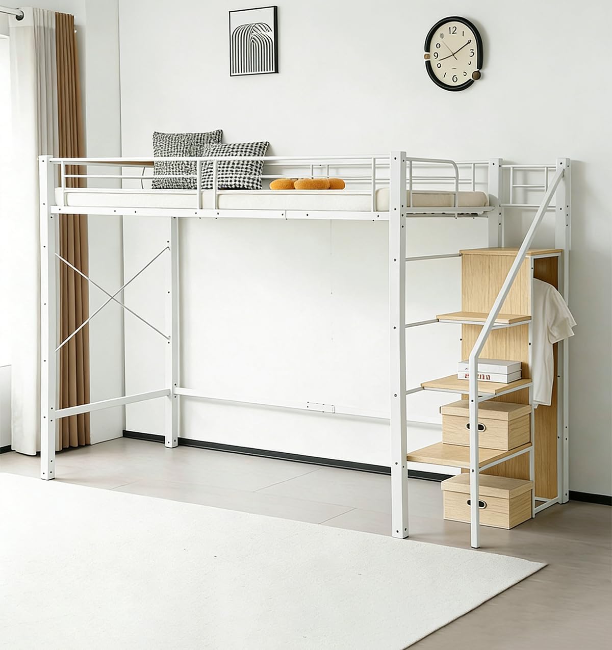 Loft Bed, Single with Stairs, Main Shelf, Hanger Pipe, Pipe Bed, Loft, High Type, Rack Included, Outlets, Bed Frame, Storage, Shockproof, Steel Pipe, For Adults/Children, Multi-functional
