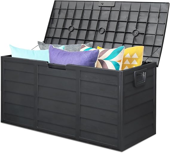 Deck Box,75 Gallon Waterproof Resin Outdoor Storage Box for Outside and Patio, Large Outdoor Storage Bench Cabinet Lockable for Patio Furniture, Garden Tools and Pool Supplies (Black)