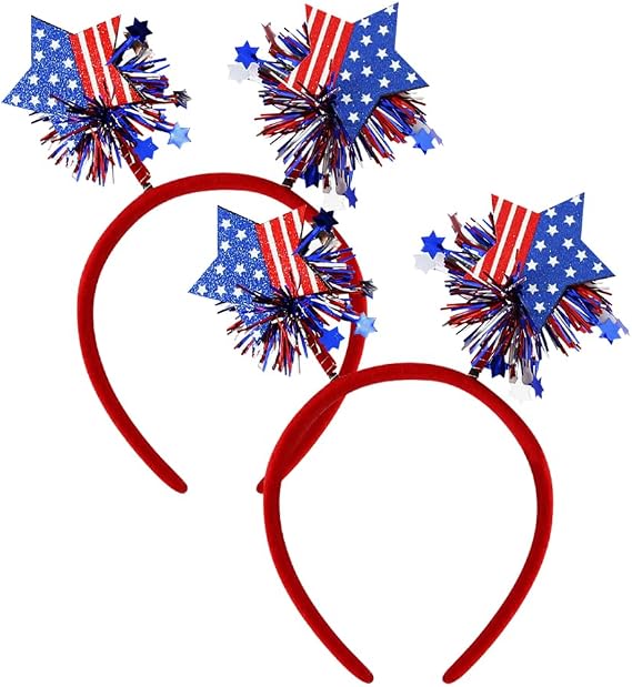 2 Pcs 4th of July Star Headband with Tassels USA Flag Two Stars Headband Sparkly Patriotic Head Bands Cute Hair Hoop Independence Day Hair Accessories