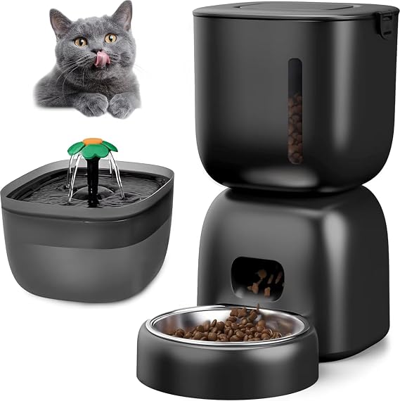 Casfuy 2-in-1 Automatic Cat Feeder & Water Fountain Set, Black, 3-L & 2-L