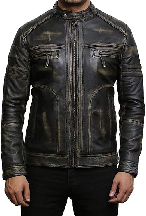 BRANDSLOCK Mens Genuine Leather Biker Jacket Vintage Retro