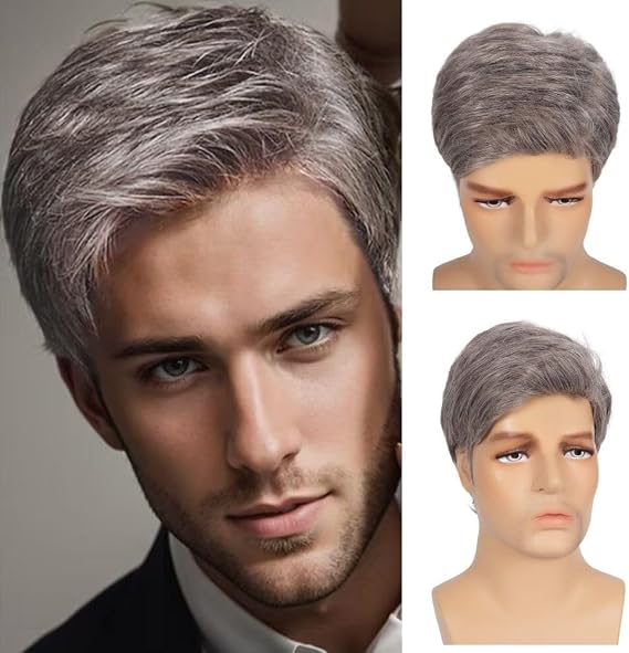 Mens Light Brown and Grey Short Wig Straight Side Part Synthetic Heat Resistant Fiber Old Men Hair Wig for Daily Use (Brown Grey)