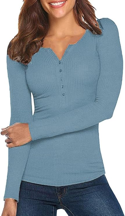Women's Henley Shirts Long Sleeve V Neck Ribbed Button Down Knit Sweater