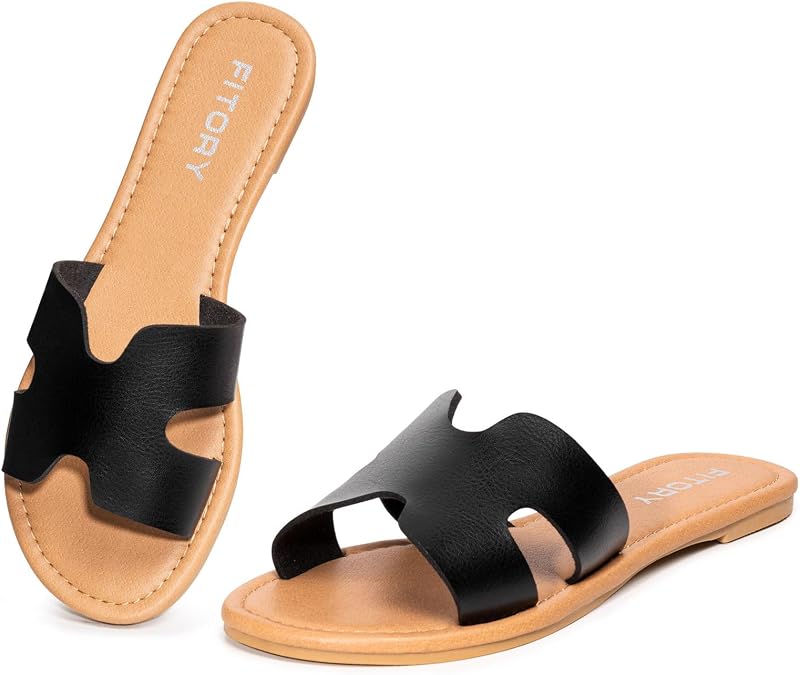 FITORY Women's Comfortable Dressy Leather Flat Sandals - Stylish & Beautiful Summer Slides Black Size 9