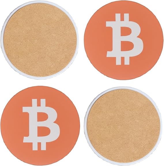 Bitcoin BTC Ceramic Coasters for Drinks Set of 4, Absorbent Cup Coasters with Cork Backing, 4 Inch Cryptocurrency Drink Coaster for Coffee Table, Bar, Home, Office (Bitcoin Orange)