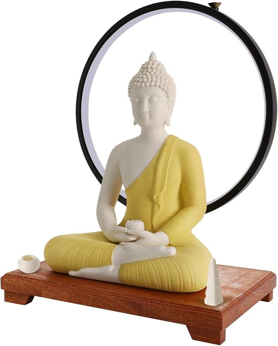Buddha Statue and Adjustable LED Circle Table Lamp, 12 Inch Indoor Ceramic Buddha Statues with Brocade Box, Sitting Buddhist Statue Decor, for Home Decoration, Meditation Room(Yellow)