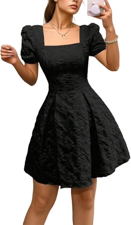 Women's Floral Square Neck Dress Puff Sleeve Ruffle Hem A Line Boho Print Elegant Mini Dresses