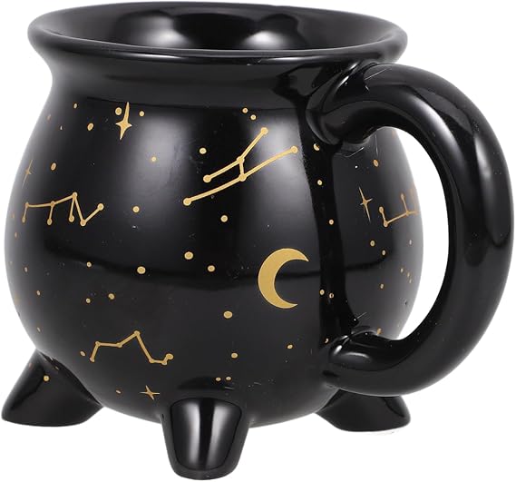 Healifty Halloween Witch Cauldron Mug, 10 Oz Ceramic Coffee Cup | Black 300 mL Ceramic Cauldron Cup with Gold Moon Stars for Coffee, Tea, Cocoa, Halloween Parties, Desk Decor and Gifting