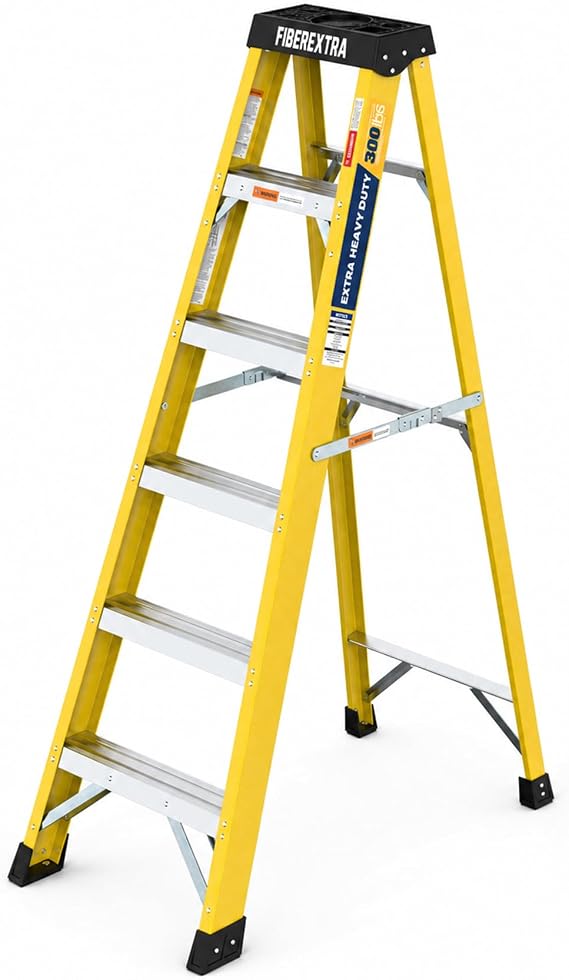 Fiberglass Step Ladder 6 Foot - Heavy Duty 6 Step Ladder, Folding A Frame Ladder for Home & Outdoor, Lightweight Tall Step Ladder, Yellow