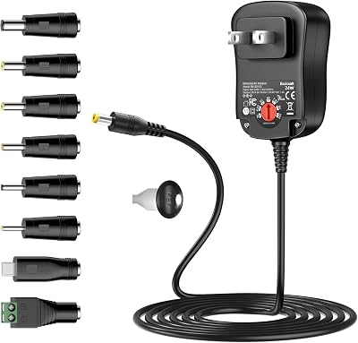 24W 3V 4.5V 5V 6V 7.5V 9V 12V Universal ACDC Adapter Multi-Voltage Regulated Switching Power Supply with 8 Round DC Plugs for LED Strip Light CCTV Camera Speaker Router,2A Max