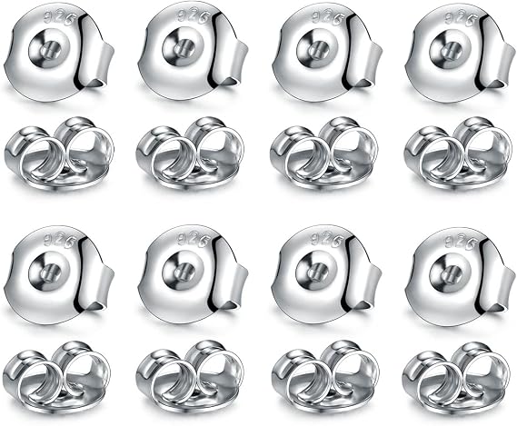 Catinee 16PCS 925 Sterling Silver Earring Backs,14k White Gold Plated Earring Backs for Studs,Hypoallergenic Secure Earring Backings for Locking Stud Earrings
