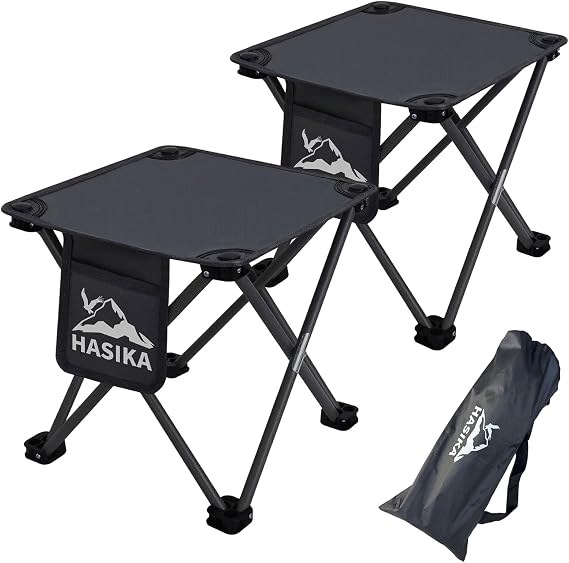 HASIKA 2-Pack Folding Camping Stool and Footrest | 400 lbs Capacity Collapsible Stool. 1.5 lbs Ultralight Outdoor Ottoman. 13" x 13" One-Step Fold Seat for Camping