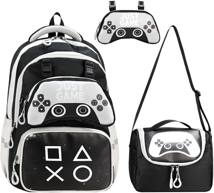 JUST GAME Ortopedik Okul Çantası, Beslenme Çantası ve Kalemlik 3'lü Set, 30x42x20 cm, Siyah Beyaz