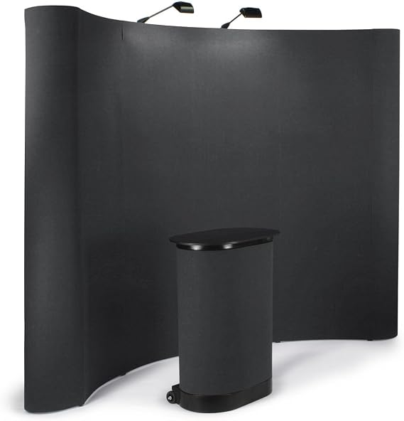 Displays2Go 10ft Curved Pop Up Trade Show Booth, Black | Podium Case, Portable Display Booth, Lighting, TEPUVF10BK
