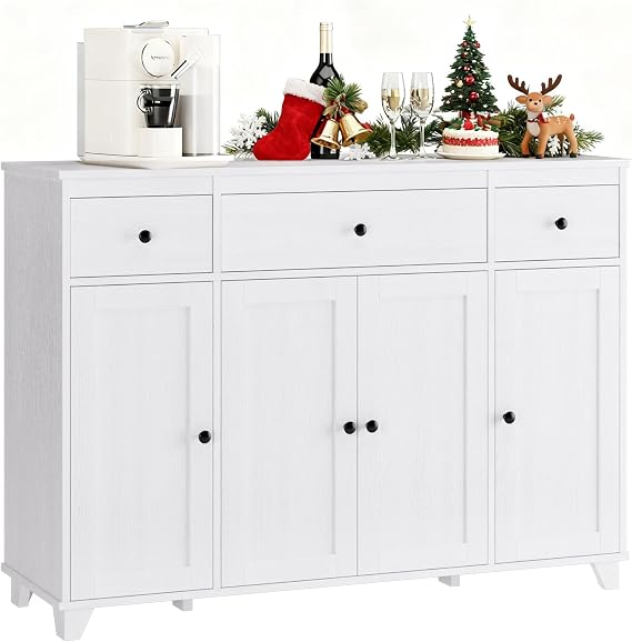 White Buffet Cabinet with Storage, Sideboard for Kitchen, Dining Room | Modern Kitchen Buffet Cabinet with 3 Drawers & Adjustable Shelves, 47" Coffee Bar Cabinet with Doors,Wood Accent Buffet Table