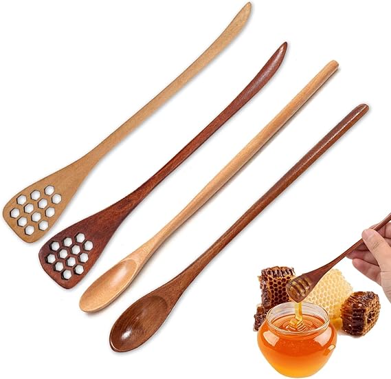 4 Pack Wood Honey Dipper Sticks Spoon,Wooden Spoons Comb Sticks for Honey Tea Coffee,Reusable Wooden Honey Mixing Stirrers Wand Syrup Dippers for Honey Jar Dispense Drizzle Honey Wedding Party