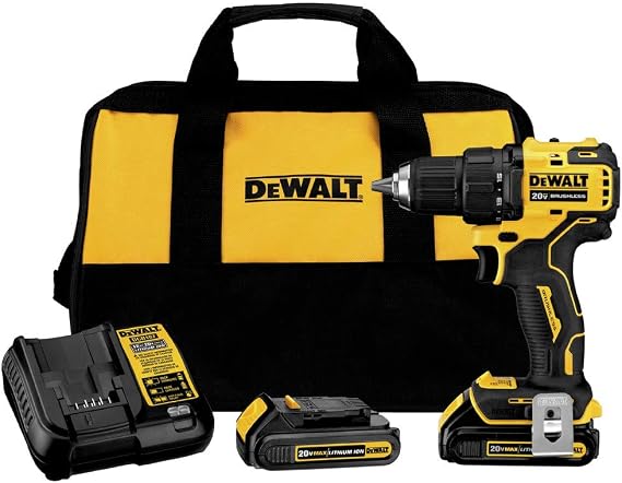 DEWALT ATOMIC 20V MAX Cordless Brushless Compact 1/2 in. Drill/Driver, (2) 20V 1.3Ah Batteries, Charger and Bag DCD708C2