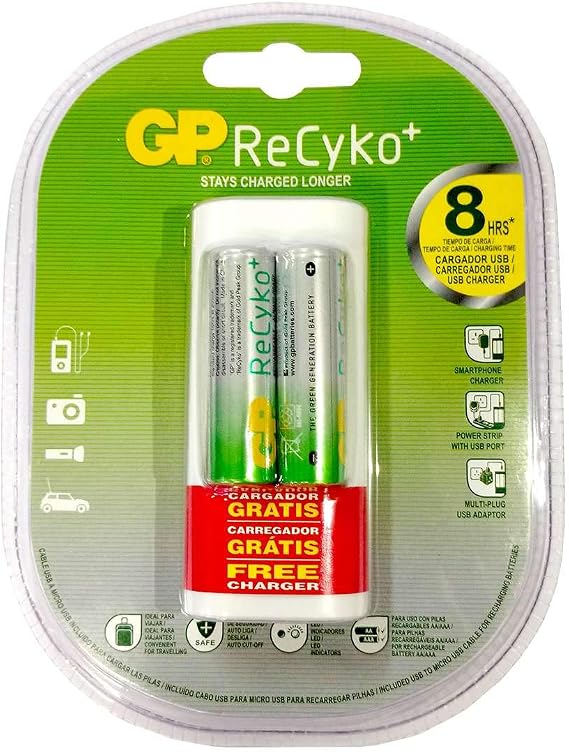 GP Batteries, Recyko AA Rechargeable Battery, 2Pcs, USB Portable Charger, White
