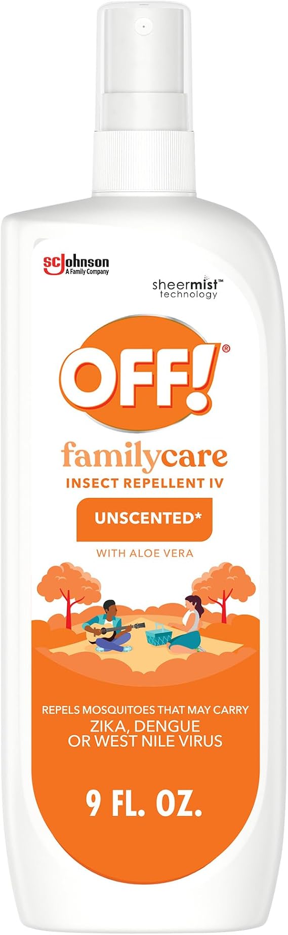 OFF! Family Care Mosquito & Tick Repellent Spritz, Bug Spray Containing 7% DEET, Unscented with Aloe Vera, 9 Oz