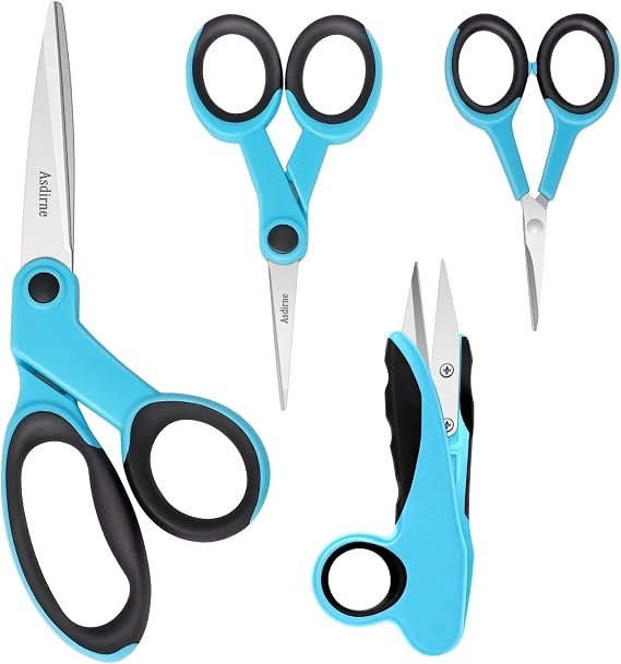 Asdirne Fabric Scissors Set with Sharp Stainless Steel Blade and Soft Handles, Including Sewing Scissors, Craft Scissors, Thread Snipers and Embroidery Scissors, 4PCs, Blue/Black