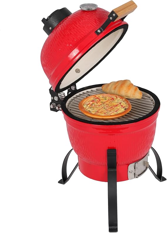 Outvita Ceramic Grill, 13" Round Kamado Charcoal with Thermometer, Red