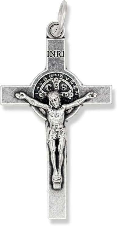 Caritas et Fides Bulk Pack of 5 - St Benedict Crucifix Large Cross for Rosary Making - 1 1/2" Silver Oxidized Crucifix Part for Saint Benedict or Rosary Making Supplies, Made in Italy