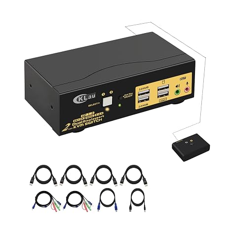 4K@60Hz 2 Port Dual Monitor KVM Switch Displayport with Audio, USB 2.0 Hub and Cables, DP 1.2 KVM Switch 2 Monitors 2 Computers Support Hotkey Switching