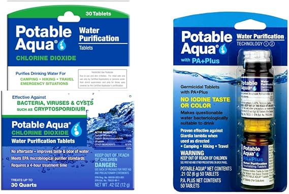 Potable Aqua Chlorine Dioxide Water Purification Tablets - 30 Count & Water Purification Tablets with PA Plus - Two 50 Count Bottles
