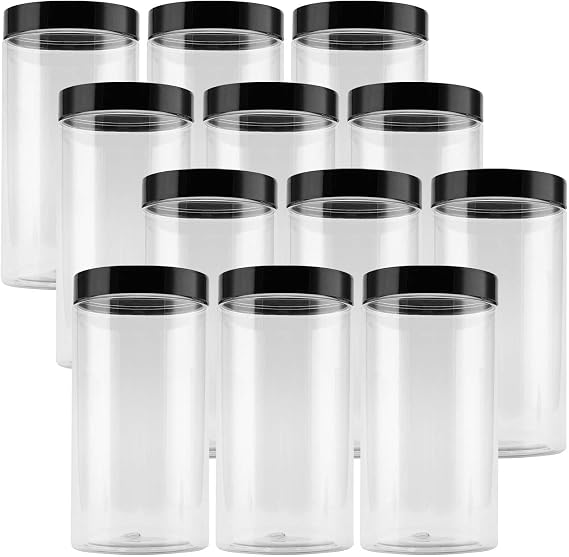 JEUIHAU 12 Pack 1000 ml Plastic Storage Jars with Black Lids, Clear Round Plastic Jars Wide Mouth Plastic Container for Food, Grain, Spice and Candy