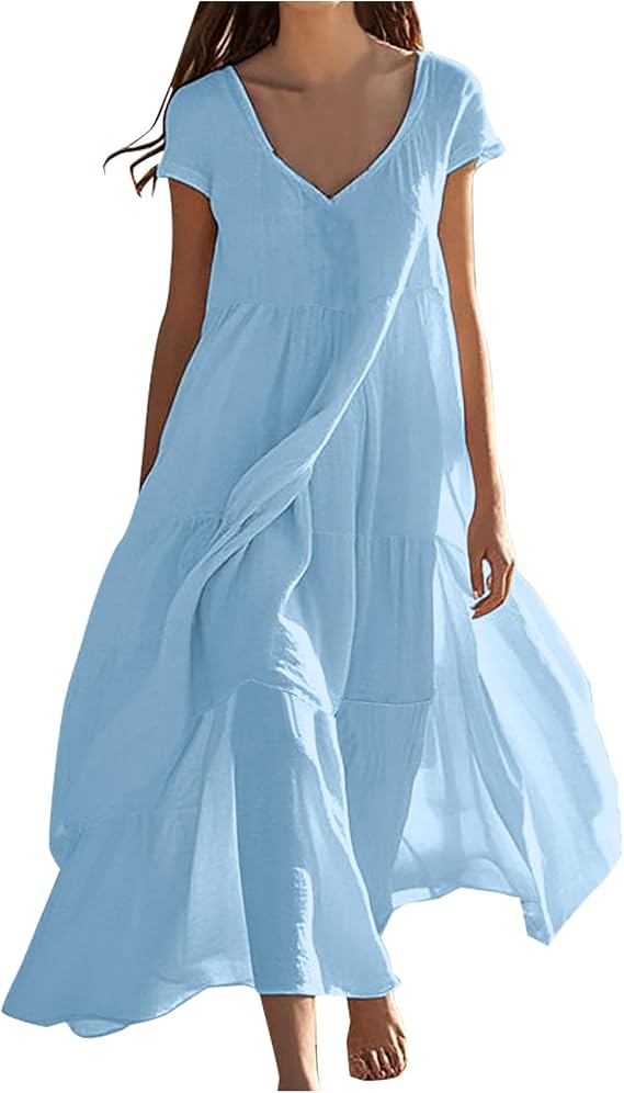 Womens Maxi Dresses Casual Summer Short Sleeve Boho Sundress
