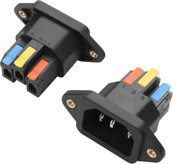 IEC C14 Solderless Quick-Connect Panel-Mount Plug, 10A 250V C14 Input Module Power Socket, IEC320 C14 Panel-Mount Plug Adapter for Computers, Servers, Printers, 2PCS (Black)