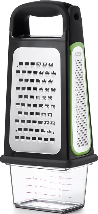 OXO Good Grips Etched Box Grater with Removable Zester | Ideal for Grating Cheese or Zesting Fruits | Storage Container Included | 4 Sided Grater | Comfortable Handle