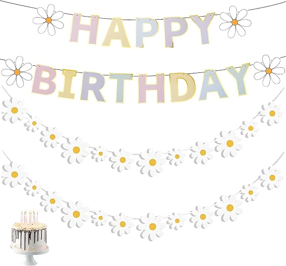 3Pcs Daisies Happy Birthday Banners, Birthday Banners for Girls | Happy Birthday Decorations, Happy Birthday Bunting, Daisy Decorations, for Birthdays Decorations for Children Girls and Women