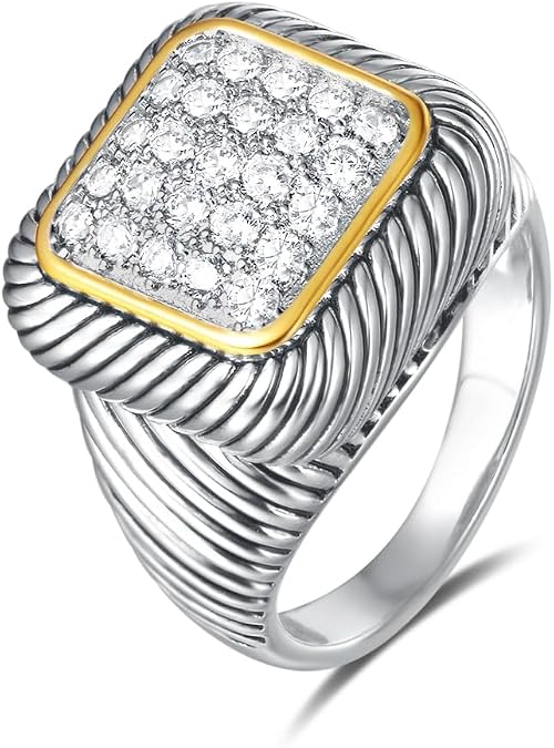 UNY Jewel Twisted Cable Ring Designer Inspired Fashion Brand David Square Pave CZ Women Two Tone Jewelry