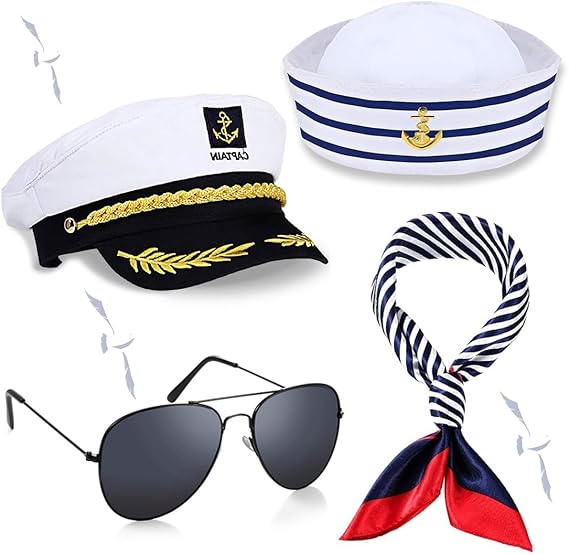 Sailor Captain's Hat Sunglasses and Scarf,Captain Sailor Costume Set | 4 Pcs Captain Cap Costume Accessories for Adults, Fancy Dress Costume Accessories, Navy Party Hats for Sea/Yacht/Boat/Cosplay