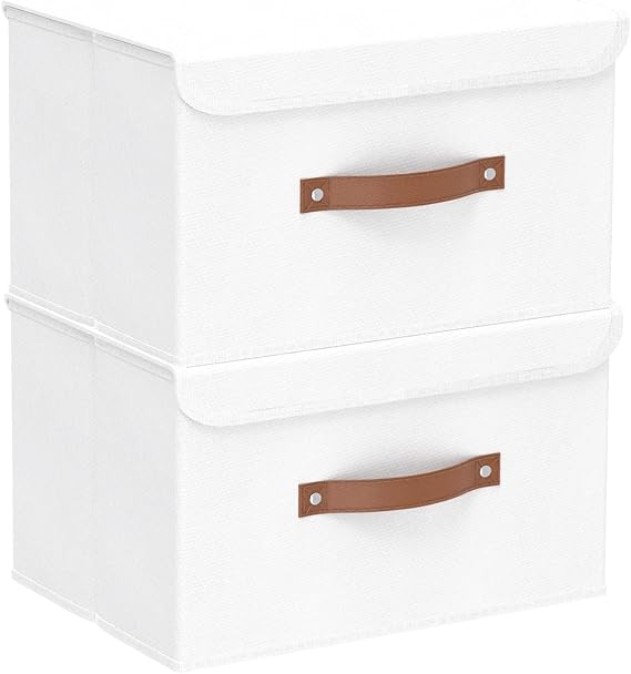 Yawinhe Pack of 2 Foldable Storage Boxes with Lid 33 x 23 x 20 cm White