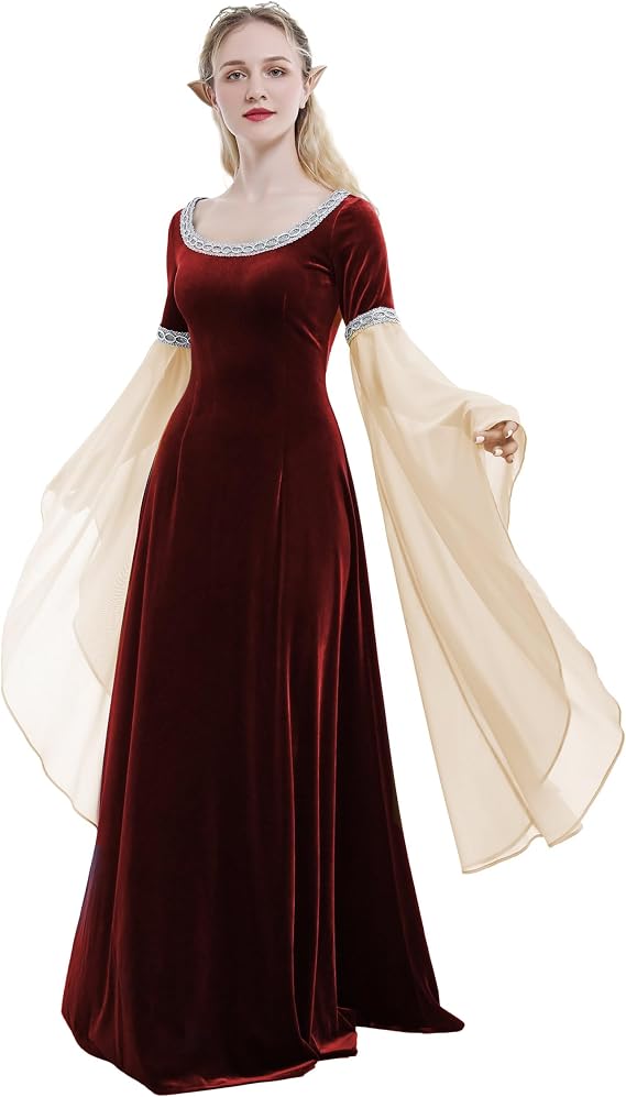 daizbella Medieval Renaissance Costume Dress Handmade Historical Retro Dress Velvet Gown with Chiffon Sleeves