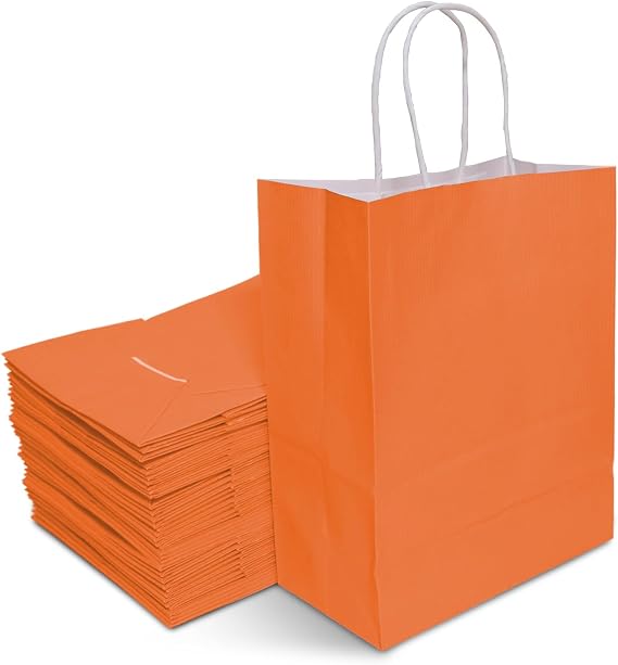 TOWRAP Orange Gift Bags 25Pcs 5.25 x 3.75 x 8 Inch Small Paper Bags with Handles Bulk, Shopping, Party, Retail, Merchandise, Favor
