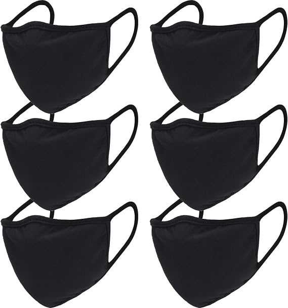 6 Pack Black Cloth Reusable Mask for Women Men Adults, Washable Breathable Face Covering with Elastic Ear Loop, Windproof Dustproof