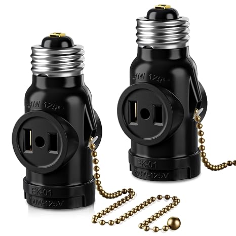 DiCUNO UL Listed E26 to 2 Outlet Adapter, Pull Chain Short, Black, 2-Pack