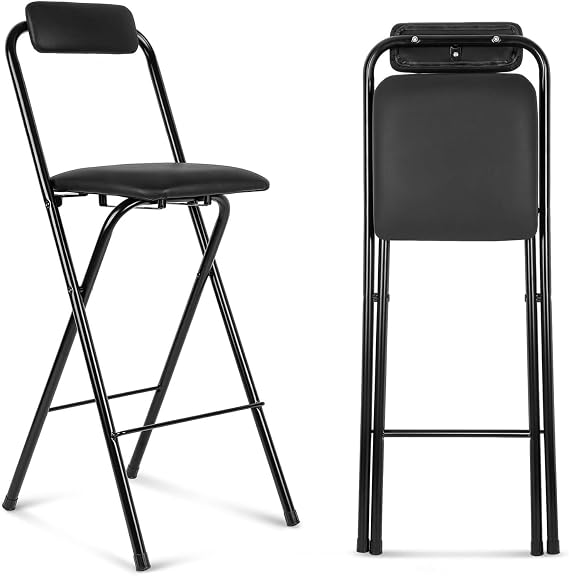 Folding Stool Chair Padded Seat 26in, 70cm Foldable Bar Stool with Backrest and Footrest, 75cm Black Folding Metal Frame Kitchen Tall Chair for Cafe, Bistro (Color : Black, Size : 75cm/30in)