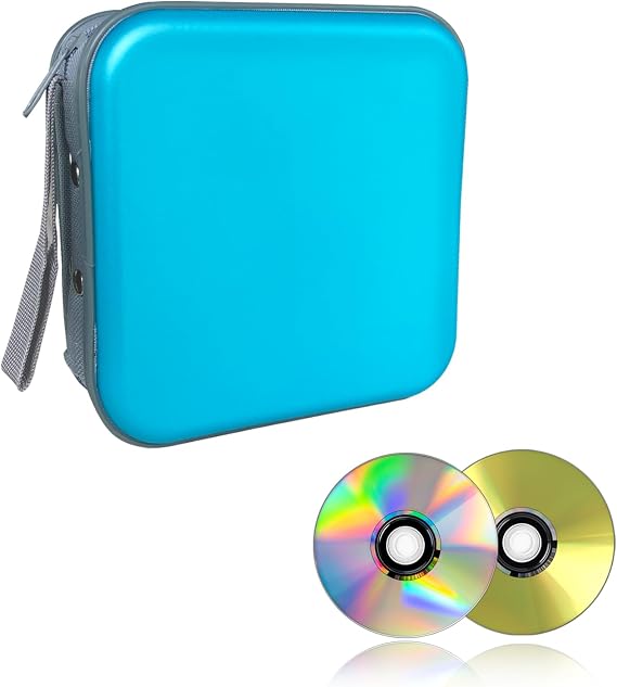 Augeny 48 Capacity CD Case, Portable DVD Hard Plastic Case Holder, Wallet Disc Storage Binder for Car, Home, Travel, Carrying Organizer, Universal Protective DVD Storage Zipper Box (Sky Blue)