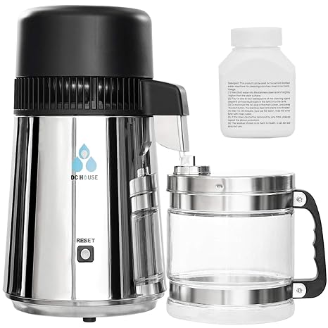DC HOUSE Water Distiller 1 Gallon Countertop Stainless Steel with a Food-Grade Polypropylene PP Filter Nozzle That Most Effective TDS Removal 110V 50-60HZ 750W