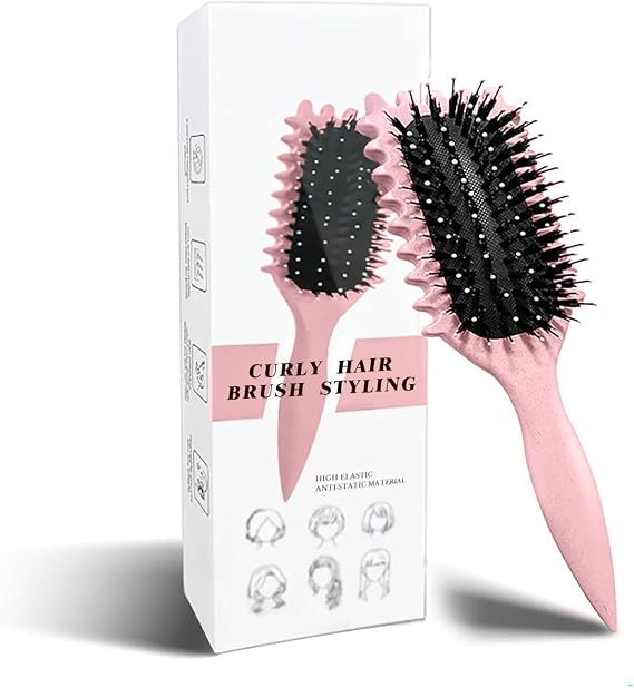 Curl Brush - Define Styling Brush with Prongs, for Combing and Shaping Men's and Women's Curls to Reduce Pulling and Curl Separation (Pink, 24cm)