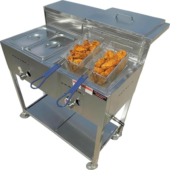 Deep Fryer Cart | 3 Gallon Single Tank | 2 Frying Baskets | 2 Pan Steam Table | Portable 4 Wheel | Stainless Steel | Frying Thermometer | Outdoor Propane Fryer for Chicken, Fish, More