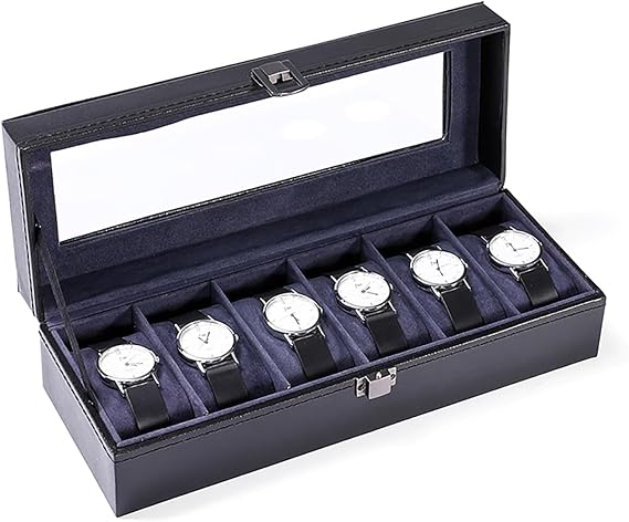 Watch Storage Box 6 Slots Watch Display Stand Case Leather Carbon Fiber Jewelry Bracelet Storage Box with Glass Cover (Black 6 Slots)