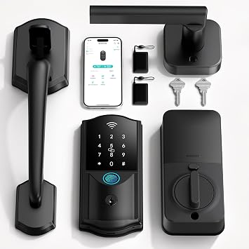 Built-in WiFi Smart Lock with Handle Set - Firstriver Fingerprint Keyless Entry Door Lock for Front Door, App Control, Digital Keypad Deadbolt, Auto Lock, Compatible with Alexa & Google Assistant