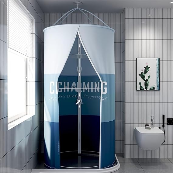 Round Waterproof Shower Curtain, Portable Polyester Outdoor Shower Stall, Hanging Heat Insulation Folding Shower Curtain for Bathroom(A,Large)